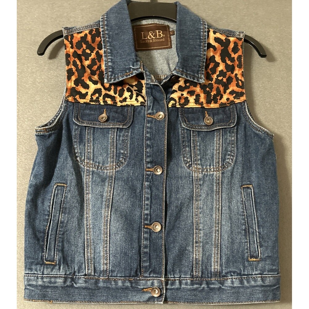 L&B Lucky & Blessed Denim Vest Women's Leopard Print Yoke Country Western Blue S